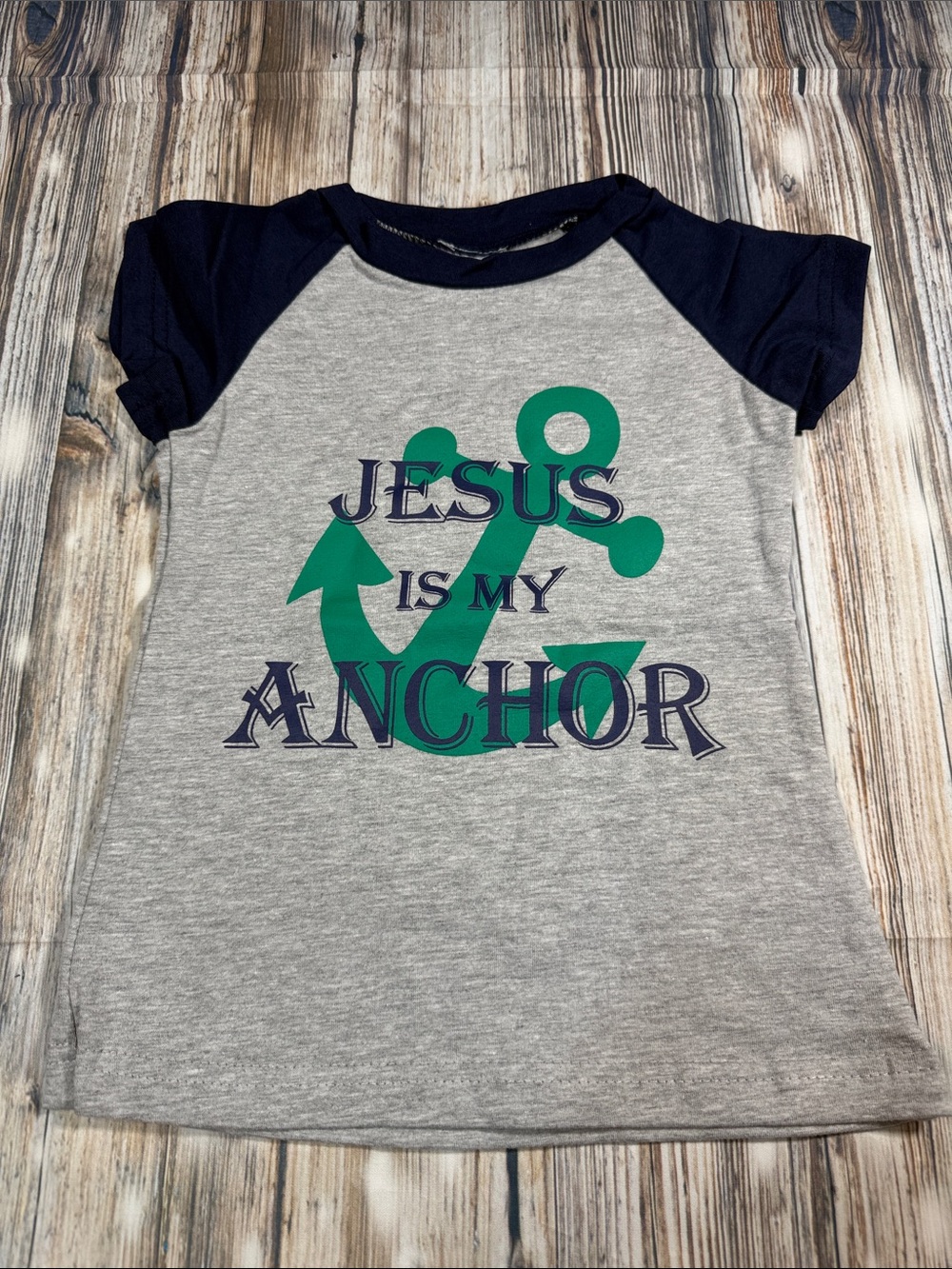 New Gray & Navy Raglan Tee with Green Anchor Graphic Size XS
